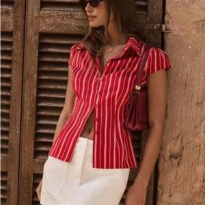 Musera collared cinched shirt blouse stripe